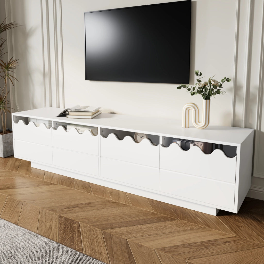 Mobile TV con 4 Ante e Ripiani in Vetro Temperato; Design Ondulato Moderno; 170??40??45 cm; in MDF; Bianco