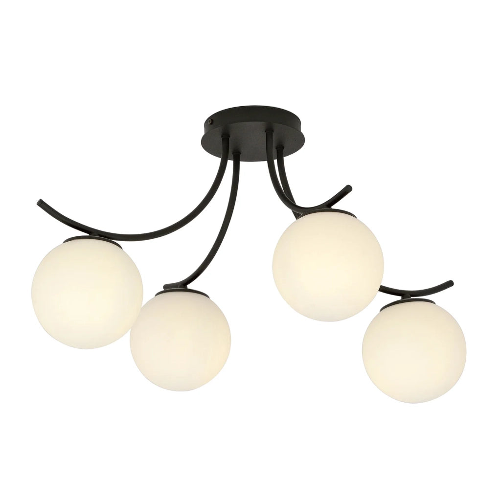 Plafoniera Moderna 4 Luci Coeo In Acciaio Nero E Diffusori In Vetro Opale