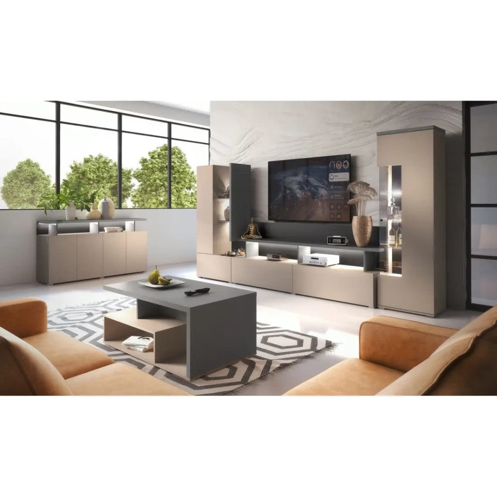 Mobile Porta TV da parete NESS – Set 270 cm – 2 cassetti, 2 ante, 10 vani – Finitura Congo