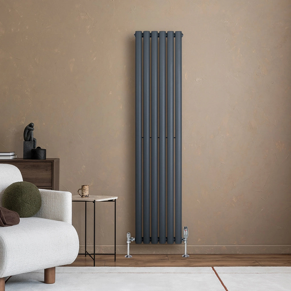 Radiatore Verticale Ovale 1600x360mm Grigio Antracite con Valvole TRV