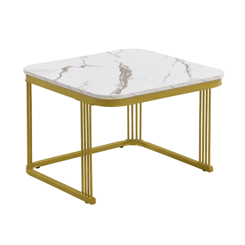 Tavolini da salotto 60x60x45+50x50x34 cm; design impilabile; effetto marmo lucido; MDF bianco