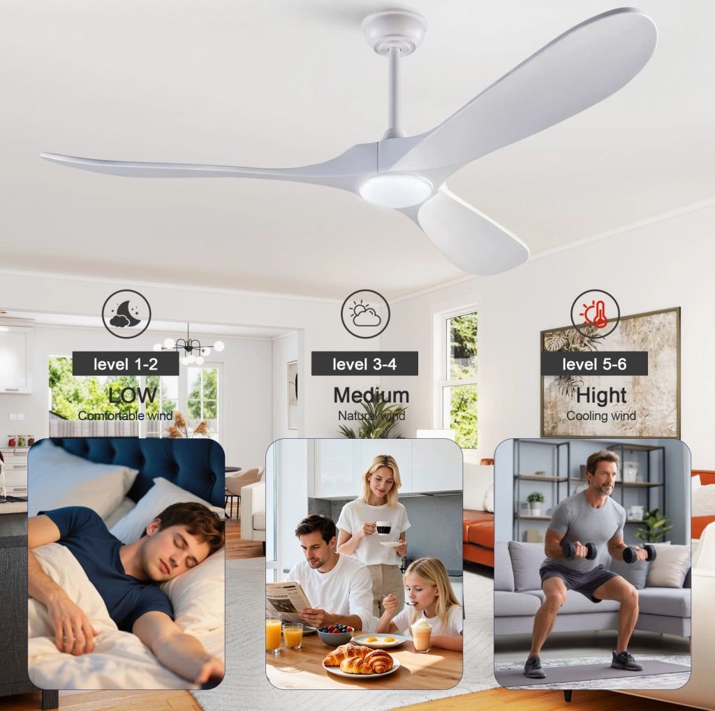 Ventilatore da soffitto 60" con LED dimmerabile; 3 pale in legno massello; bianco