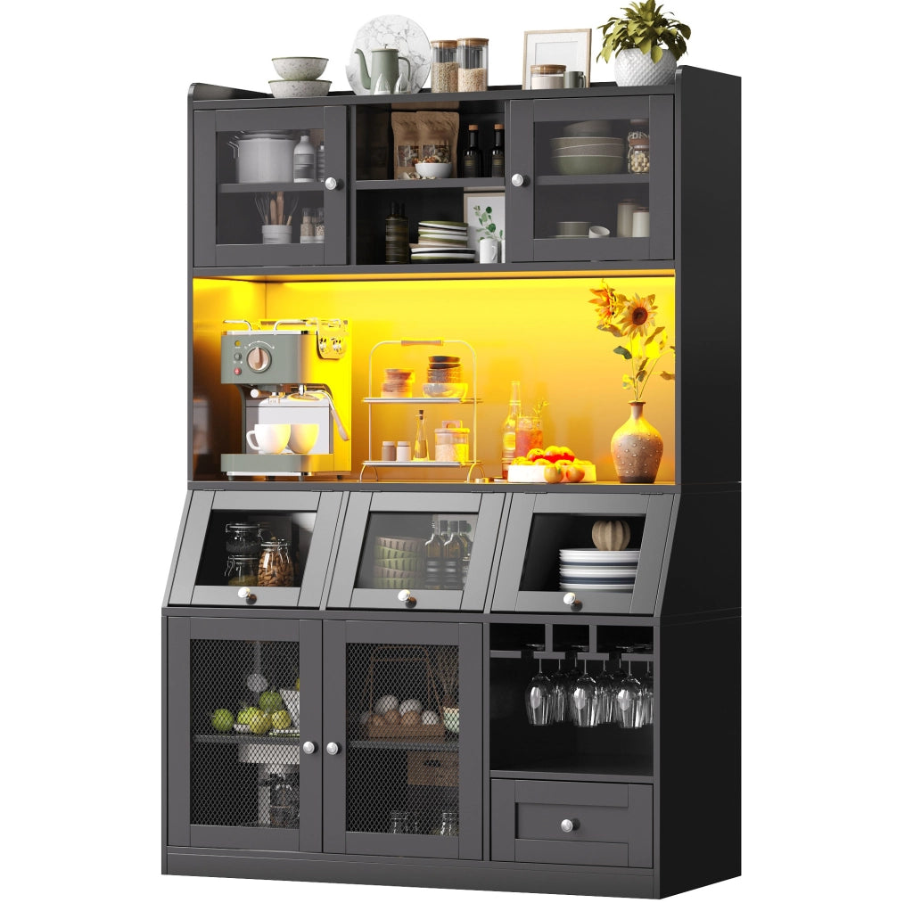Credenza cucina 120x40x181.7 cm con luci LED multicolore; anta in vetro; MDF nero