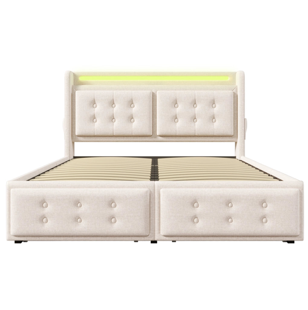 Letto 180x200 cm con LED; ricarica e 4 cassetti in cotone e lino beige