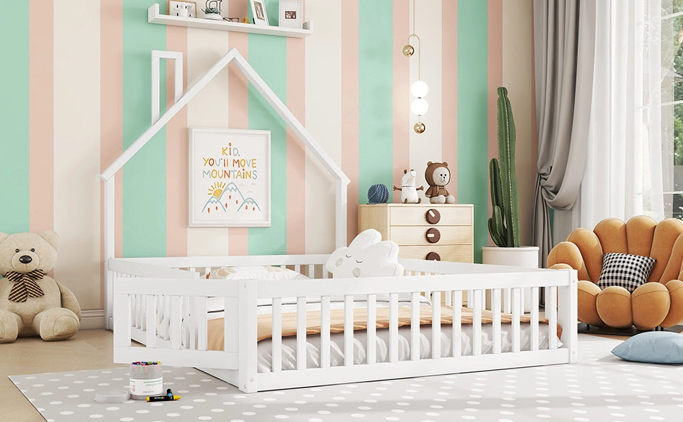 DESMIU Letto a casetta per bambini 140 × 200 cm 2 posti con barriera di sicurezza, senza materasso, pino bianco