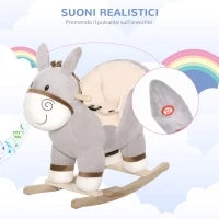 Cavallo a Dondolo per Bambini 18-36 Mesi, Cavalluccio a Dondolo a Forma di Asino con Suoni Realistici in Legno di Pioppo e Peluche, Grigio