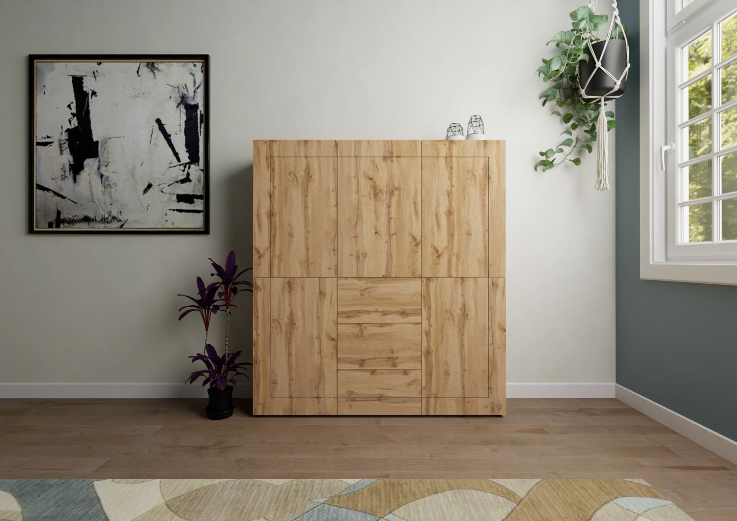 Credenza alta 5 ante/3 cassetti 150x35x165 cm quercia natura - ELIOS