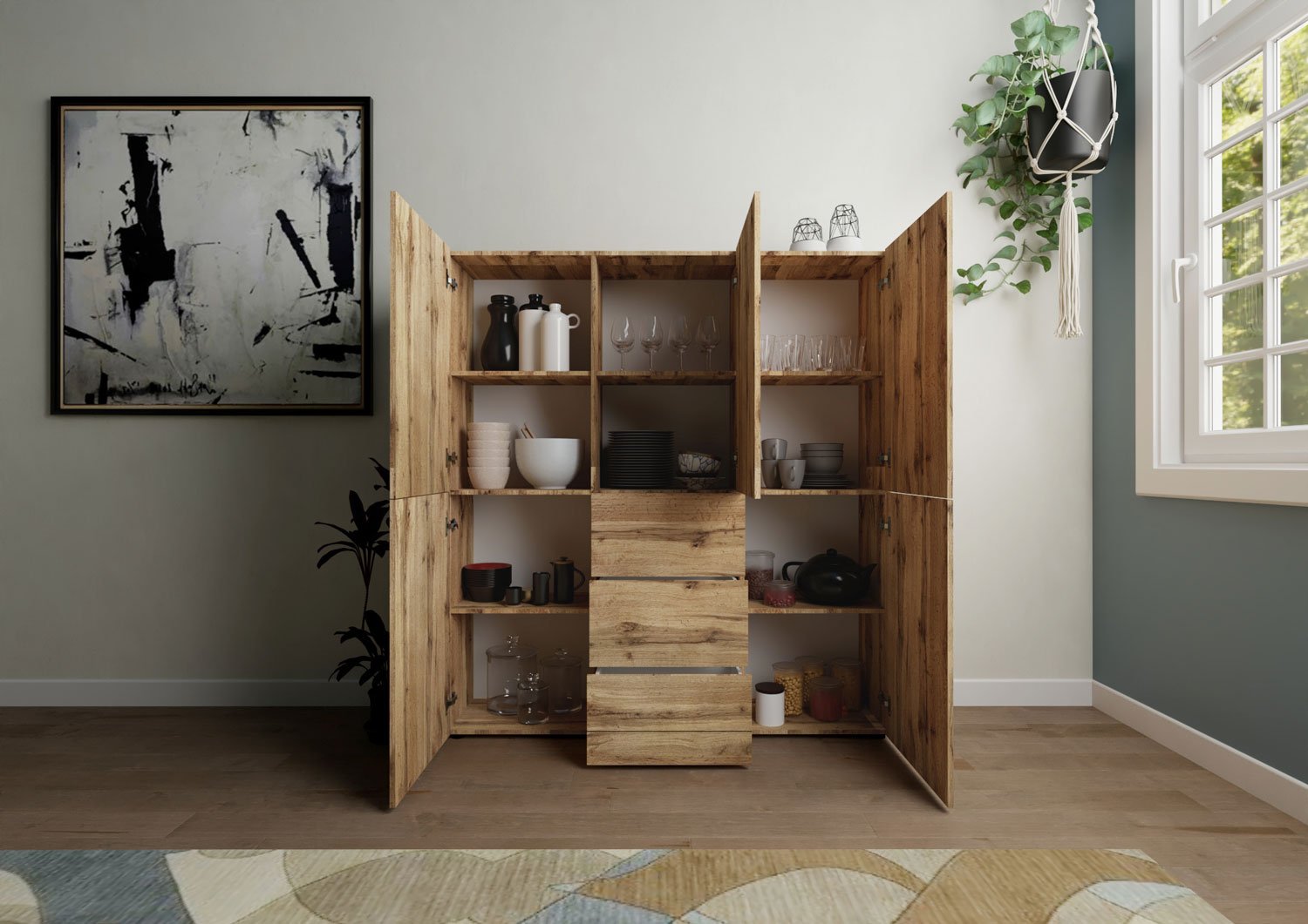 Credenza alta 5 ante/3 cassetti 150x35x165 cm quercia natura - ELIOS