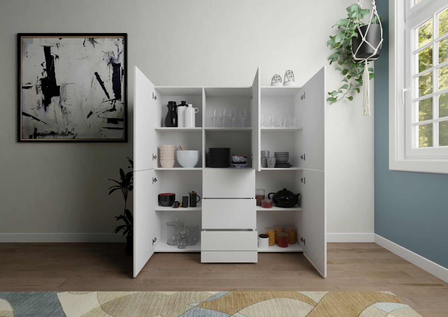 Credenza alta 5 ante/3 cassetti 150x35x165 cm bianco lucido - ELIOS