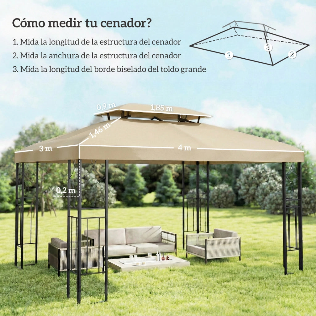 Toldo da giardino 4x3 m ¨C zephmum ¨C bianco crema, doppio tetto, fori di drenaggio