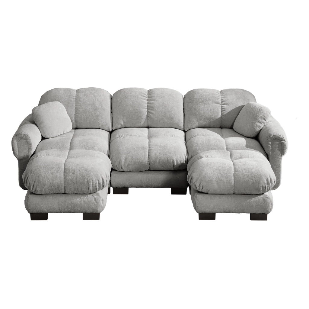 Divano modulare in chenille grigio chiaro 260x149x90 cm; configurazione a U o L con pouf mobile