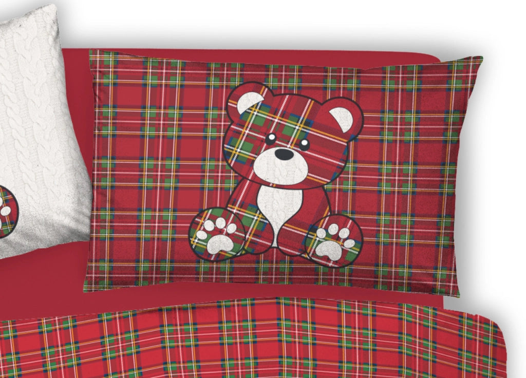 Copripiumino Sacco Piumone Pensieri Delicati 100% Cotone Orsetto Tartan - Matrimoniale - Rosso