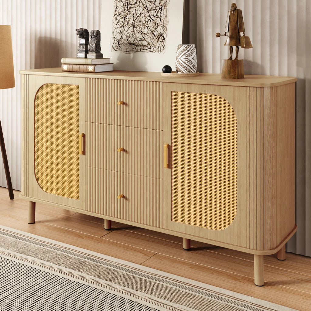 Credenza moderna 140 cm con ante in rattan e cassetti