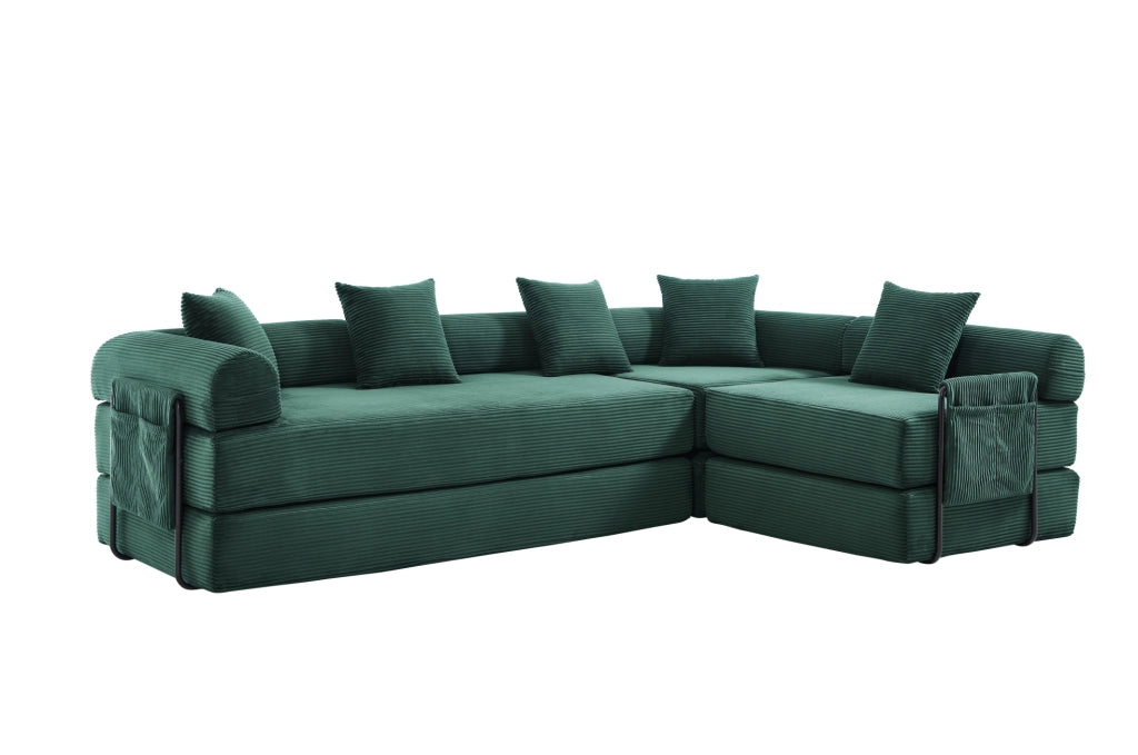 Divano modulare con tasca laterale e funzione letto 270x180x64 cm; velluto a coste verde smeraldo