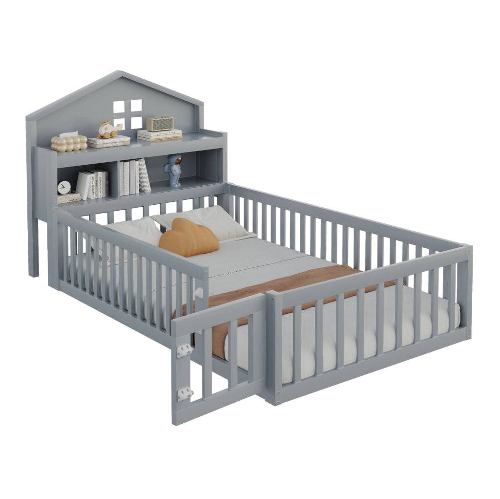 Letto per bambini a casetta 90x200 cm grigio con lavagna