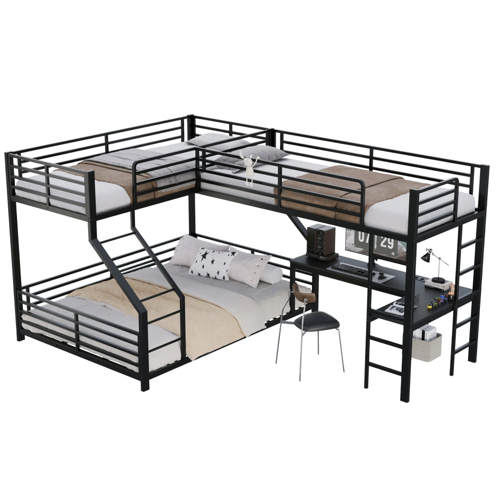 Letto a castello a tre posti con scrivania; 90x200 cm e 140x200 cm; in metallo e MDF; nero