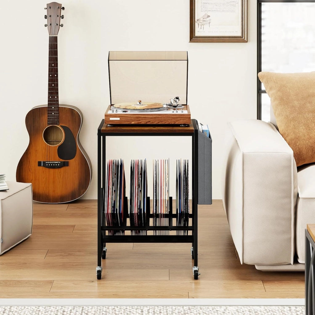 Supporto per giradischi con ruote, tavolino ausiliario con borsa laterale e divisori per dischi in vinile, fino a 200 LPs, 49,5 x 30 x 64 cm, organizer per CD, album, riviste (naturale)