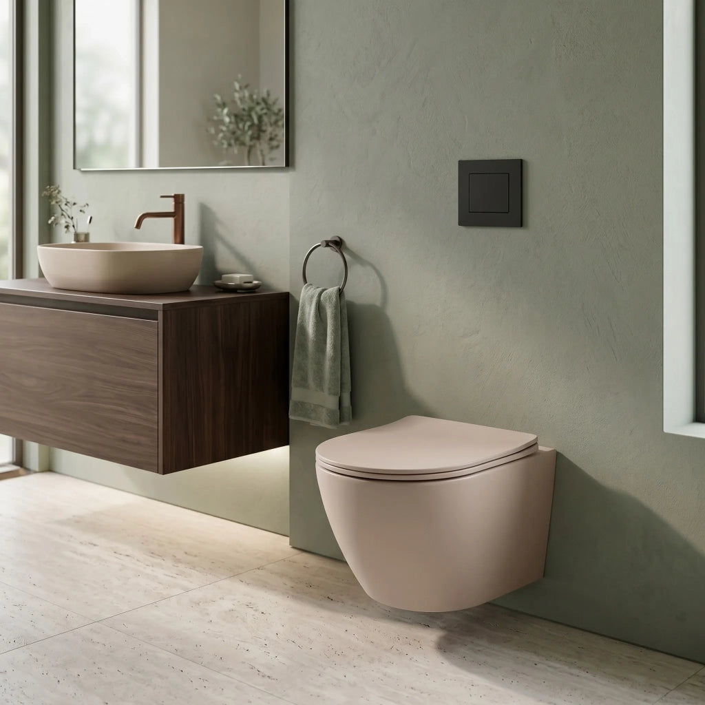 Set Wc Sospeso Focus + Lavabo Da Appoggio Rea Focus Taupe