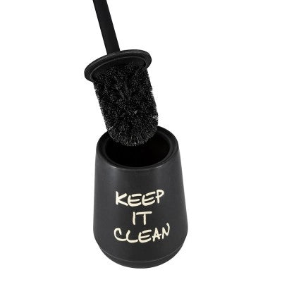 Portascopino da appoggio linea Wash in ceramica nero opaco con scritte