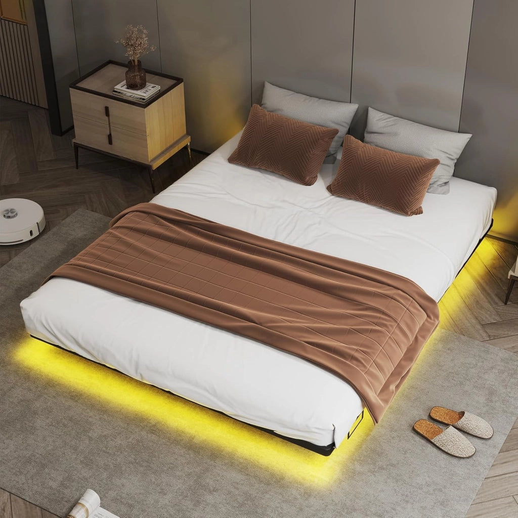Telaio letto 140 x 200 cm, in metallo, con LED e prese, letto per ragazzi, app e telecomando, struttura stabile con rete a doghe, 180 kg
