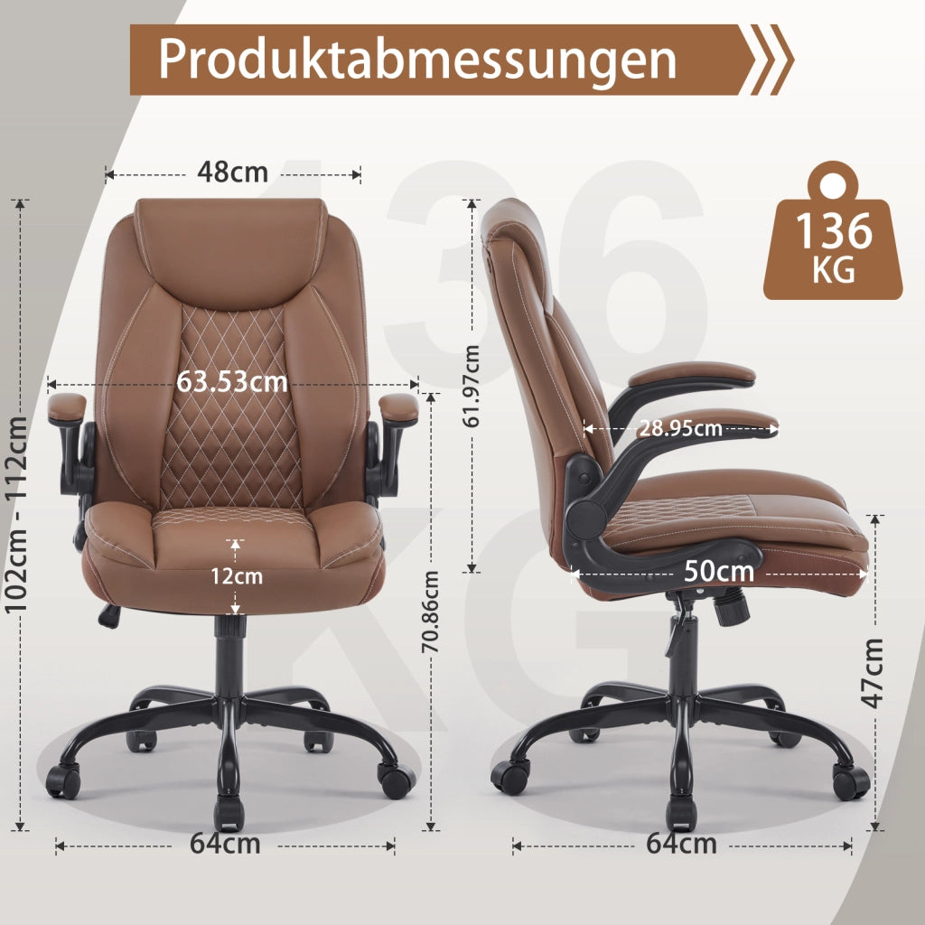 Sedia da ufficio ergonomica in pelle con supporto lombare braccioli ribaltabili e seduta imbottita marrone