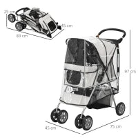 Passeggino per Cani Piccoli Pieghevole con Copertura Antipioggia, Ruote Girevoli e con Freni, Grigio