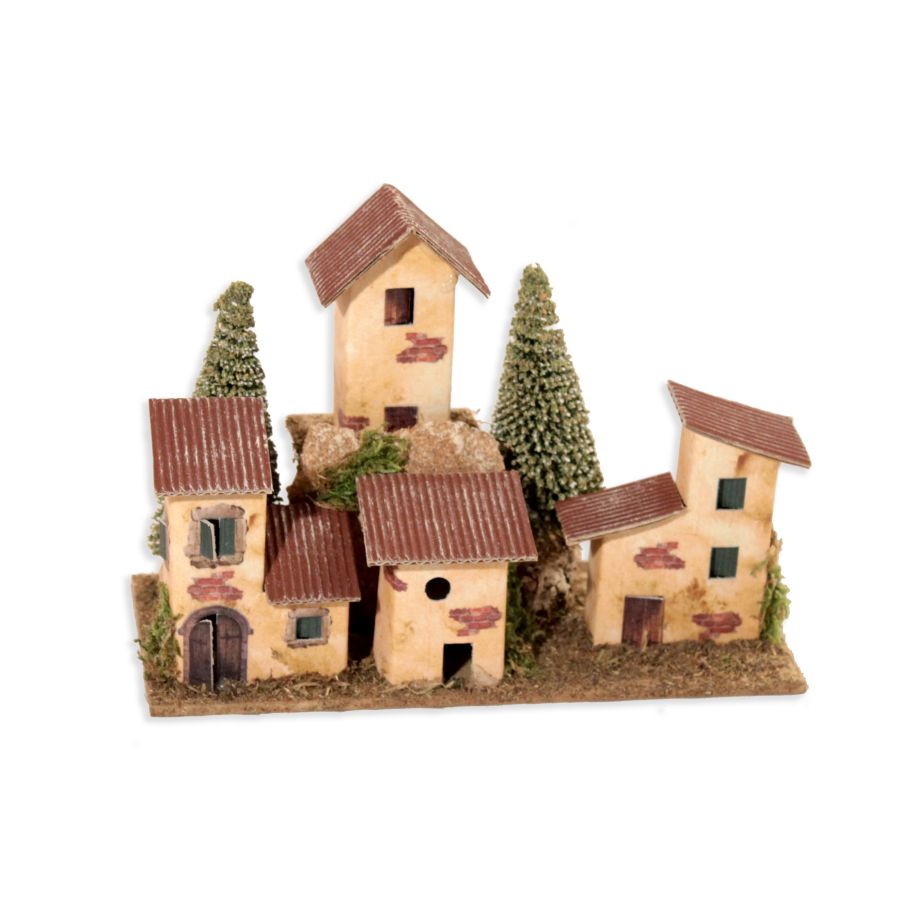 GRUPPO CASETTE A SCHIERA CON PINETTI PER PRESEPE O MODELLISMO