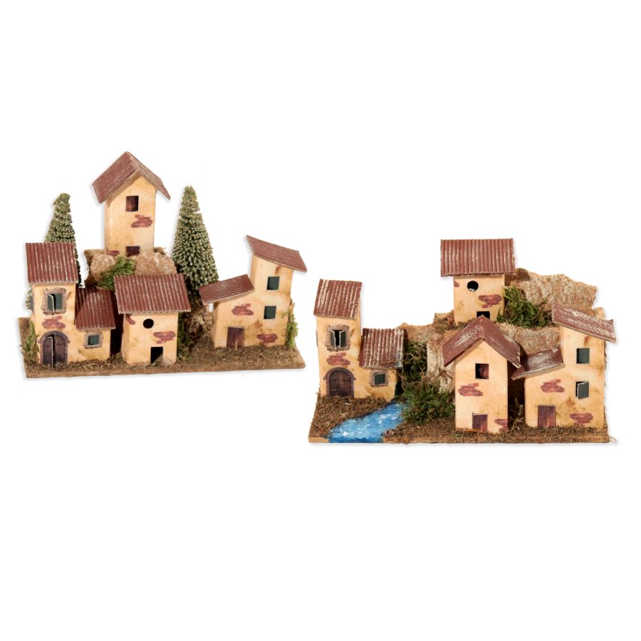 GRUPPO CASETTE A SCHIERA CON PINETTI PER PRESEPE O MODELLISMO