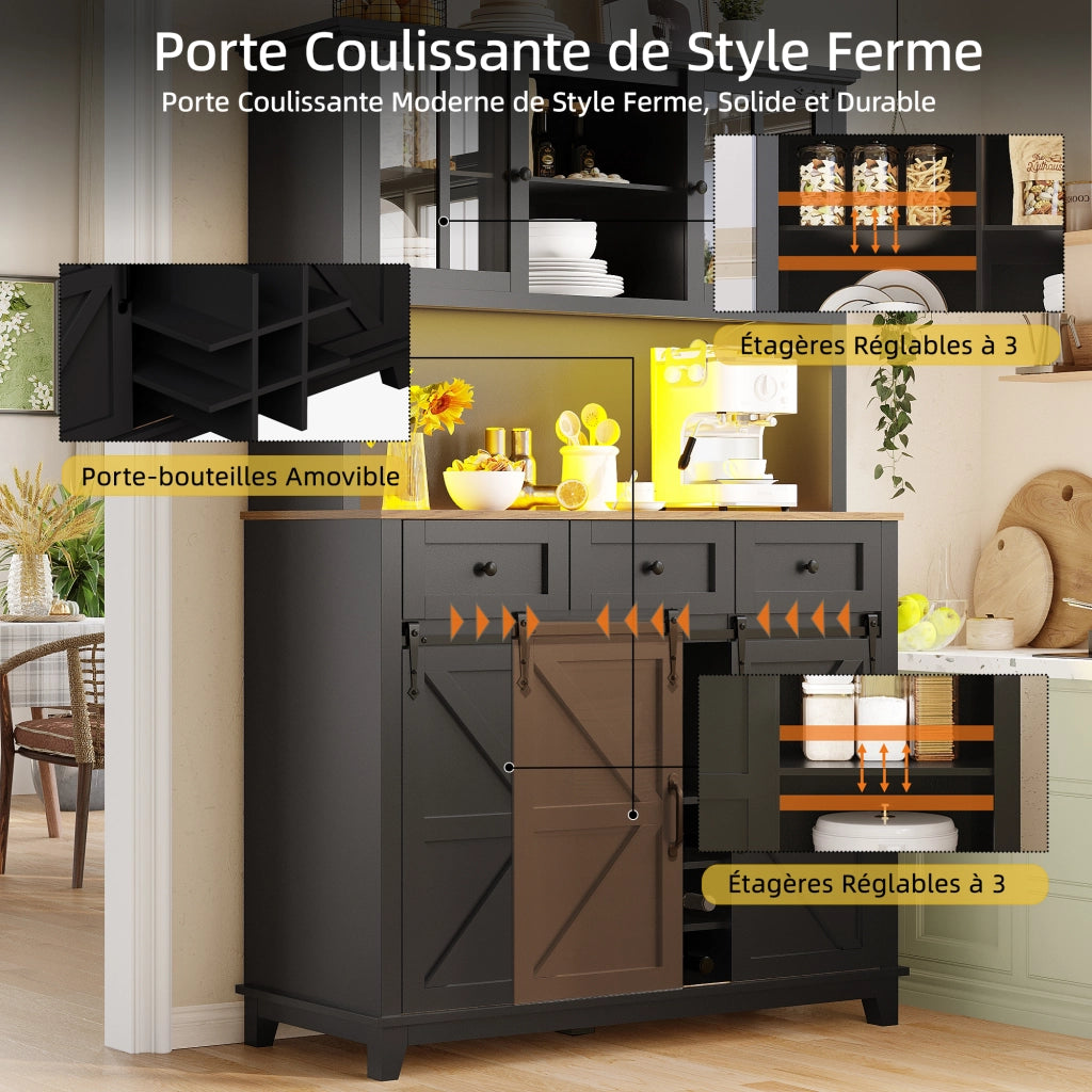 Credenza Alta da Cucina con Ripiani Regolabili e LED per Cucina o Soggiorno in MDF 105×38.4×180 cm Nero