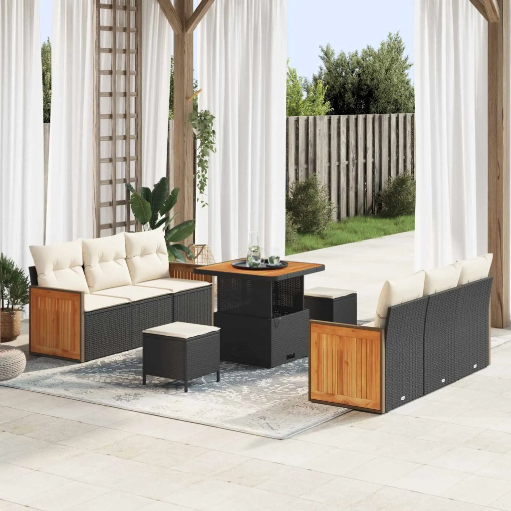 Set Divano da Giardino con cuscino 9 pcs Nero e Crema