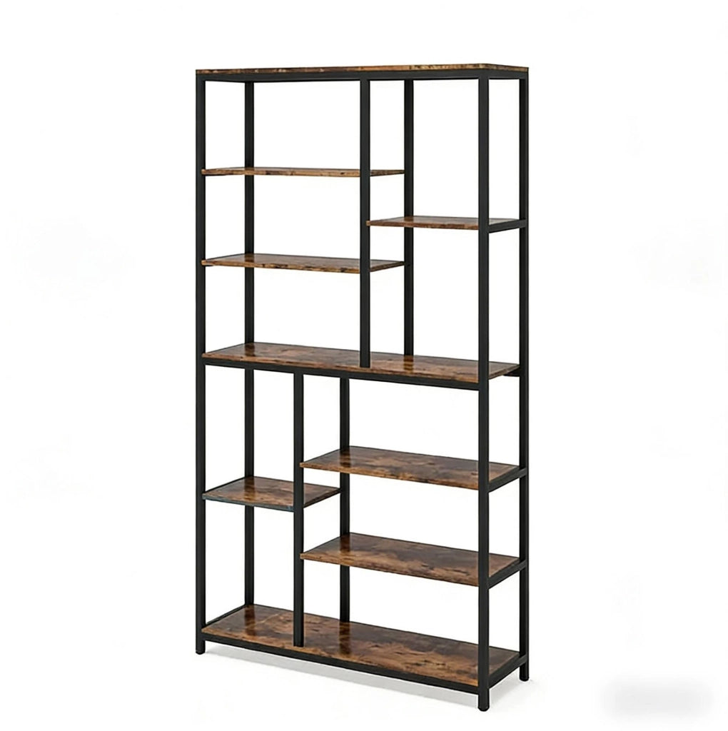 Libreria alta 100x30x200 cm in metallo e pannello rustico， nera， stile industriale