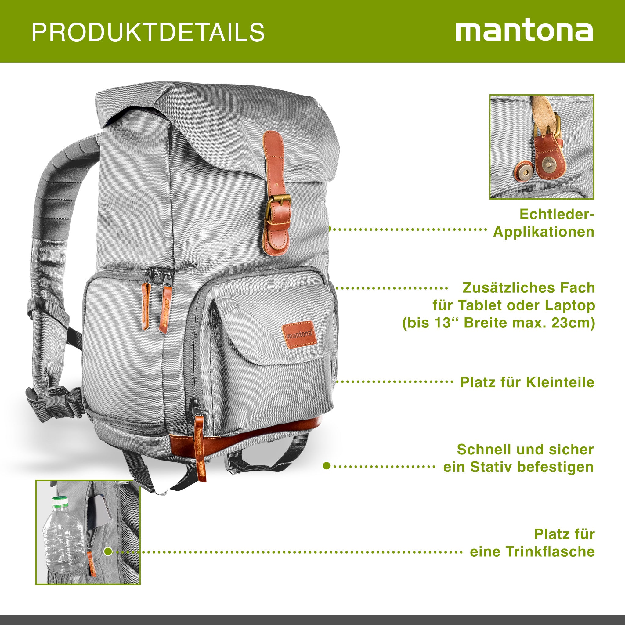 Mantona Luis junior Retro Zaino fotografico grigio, per fotocamera con copertura antipioggia, borsa fotografica con scomparto per laptop, DSLR, 3 obiettivi e accessori fotografici