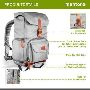 Mantona Luis junior Retro Zaino fotografico grigio, per fotocamera con copertura antipioggia, borsa fotografica con scomparto per laptop, DSLR, 3 obiettivi e accessori fotografici