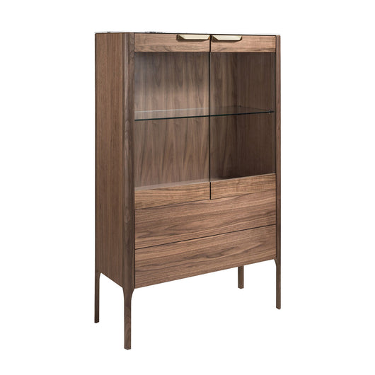 Credenza alta in noce con piano in vetro finto marmo e illuminazione interna