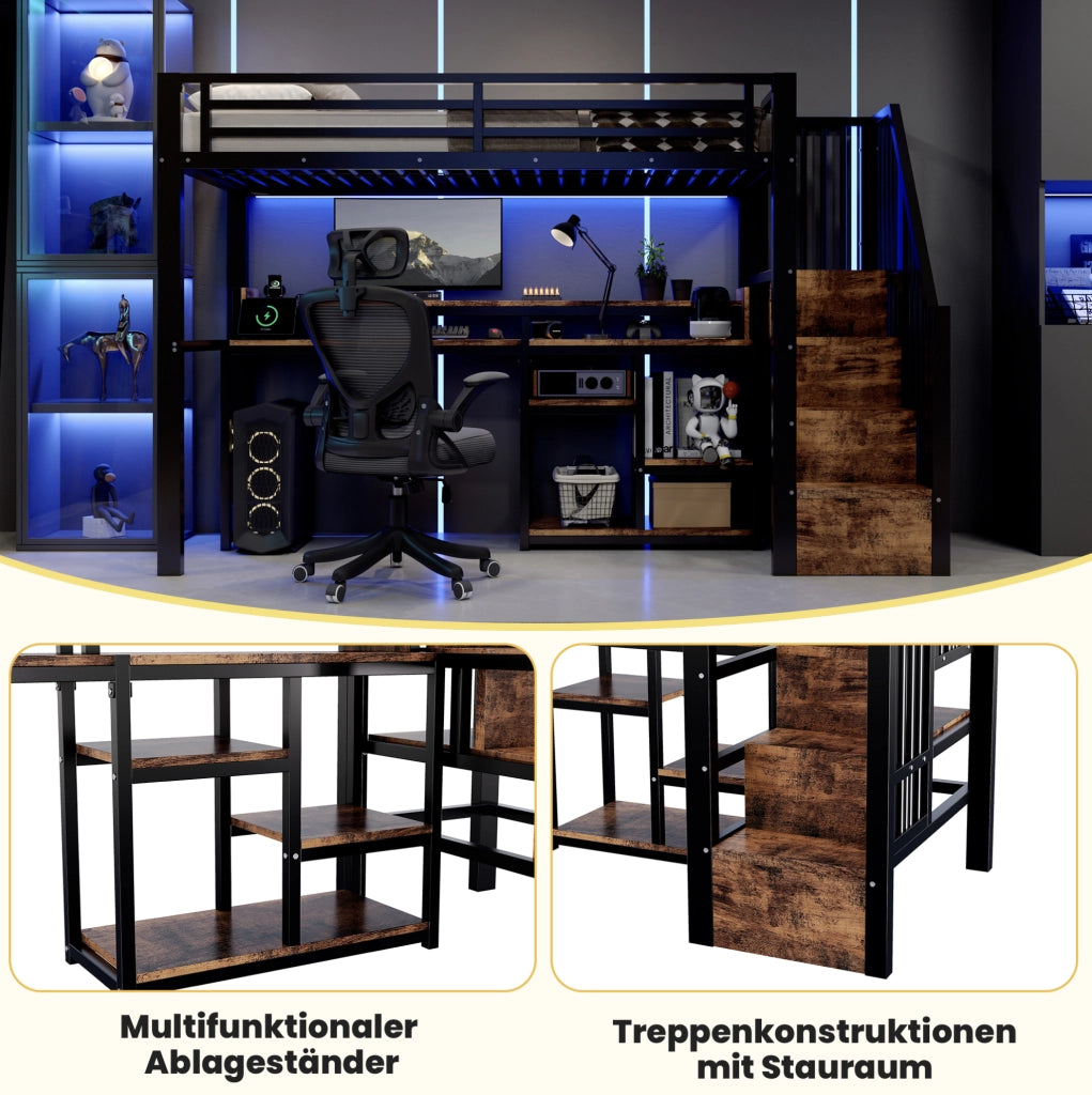 Letto a soppalco 90x200 cm in metallo e MDF; nero; con LED; USB e vano contenitore