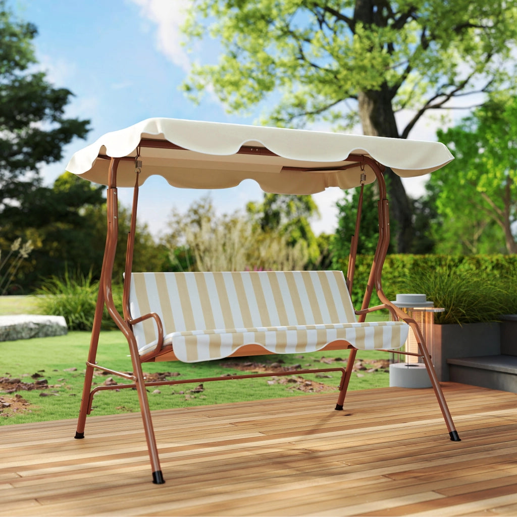 Balancelle 3 Posti con Cuscini ¨C zephmum ¨C Marrone e Crema Ray¨¦, Polyrattan, 180x80x120 cm