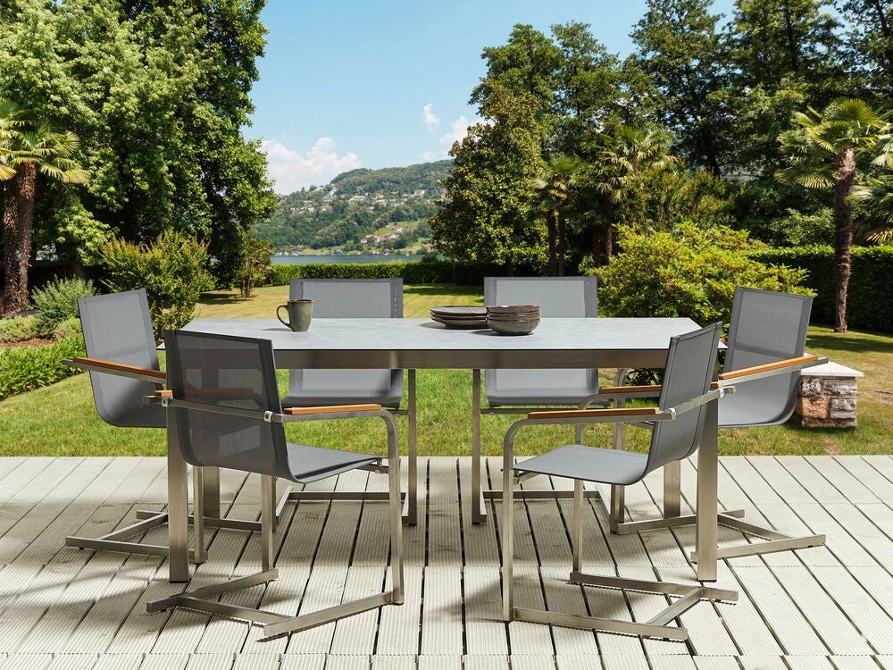 Tavolo da giardino Piano in vetro temperato grigio Struttura in acciaio inox Rettangolare 180 x 90 cm 6 posti a sedere