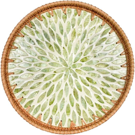 Piatto decorativo da tavola in rattan e conchiglia, diametro 30 cm, con base antiscivolo e design a mano.