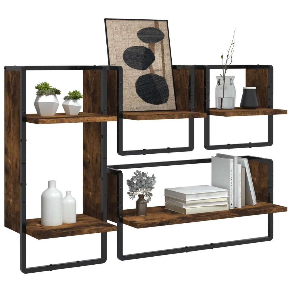 Set Mensole Parete con Aste 4pz Rovere Fumo Legno Multistrato 836310