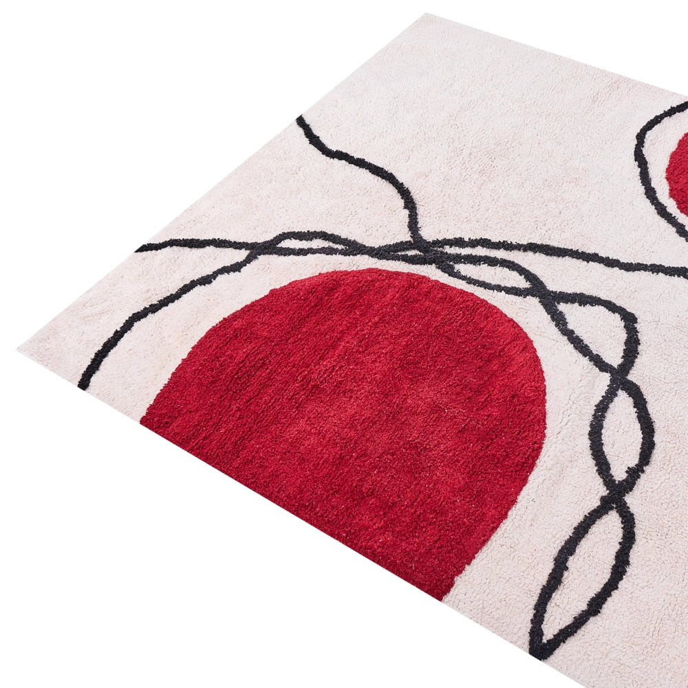 Tappeto da soggiorno cotone beige e rosso motivo astratto 140 x 200 cm nappe soggiorno camera da letto divano