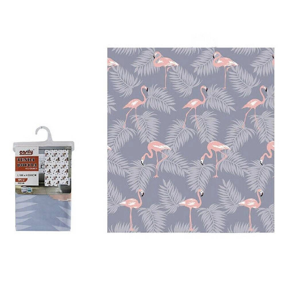 Trade Shop - Tenda Doccia Impermeabile Tessuto Pvc 12 Ganci In Plastica Fenicotteri 180x200cm -