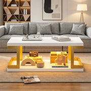 Tavolino basso con LED e 2 ripiani aperti per soggiorno e studio in MDF e metallo bianco e oro 100 × 50 × 37,5 cm