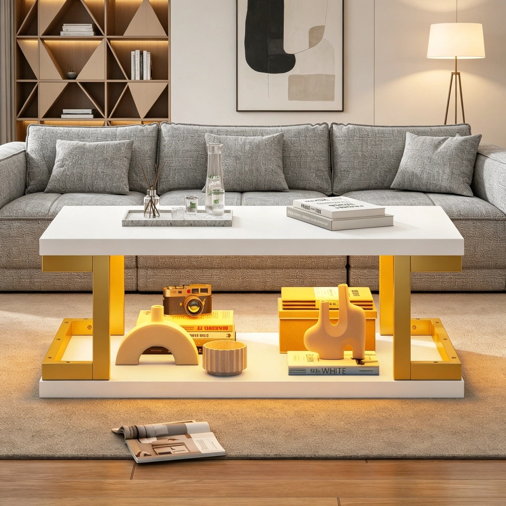 Tavolino basso con LED e 2 ripiani aperti per soggiorno e studio in MDF e metallo bianco e oro 100 × 50 × 37,5 cm