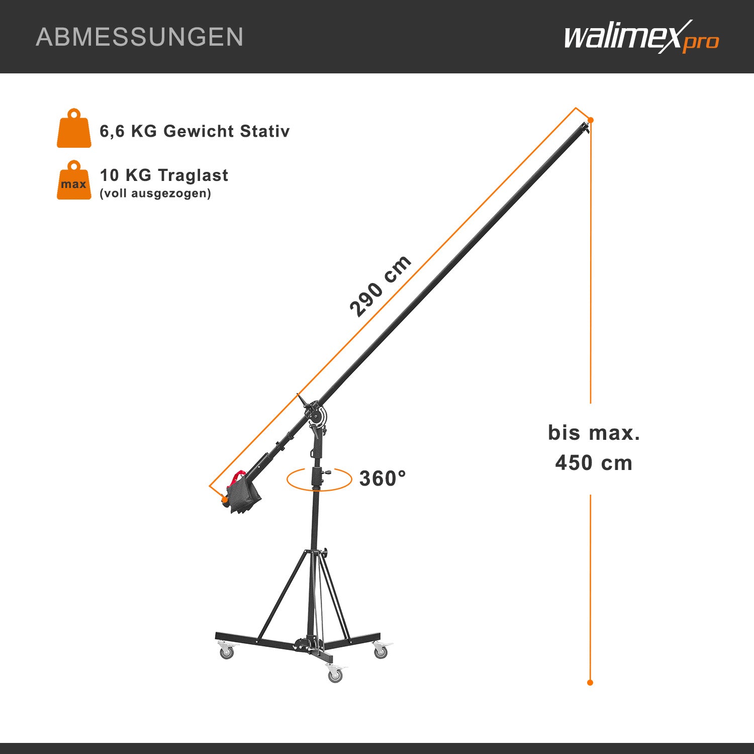 Stativo a giraffa con rotelle e contrappeso, treppiede regolabile in altezza da 140 a 450 cm, per telecamera con braccio da 290 cm orientabile e inclinabile