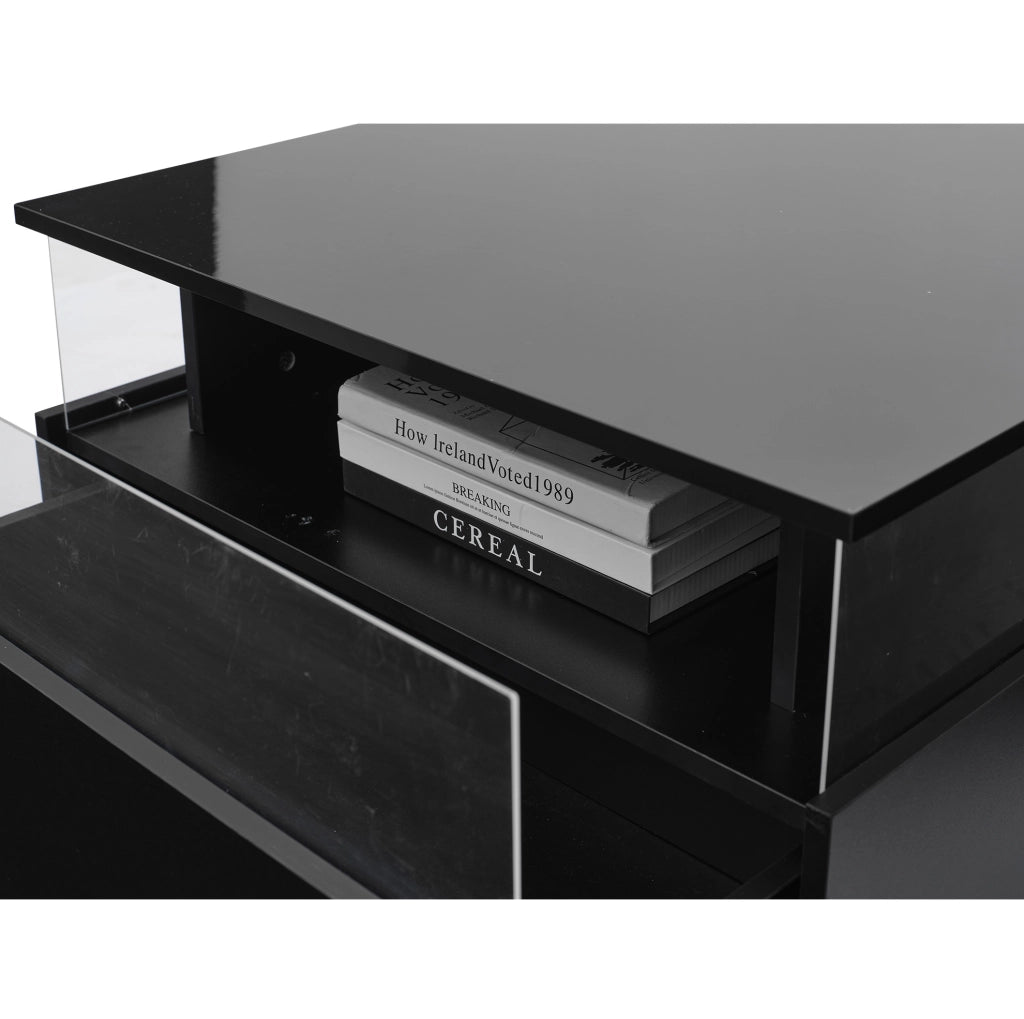 Tavolino da salotto moderno 70x70x41 cm nero in truciolare con LED; 2 cassetti e vano trasparente