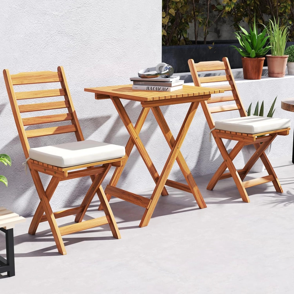 Set Bistro da Esterno in Legno di Acacia, Tavolo e 2 Sedie Pieghevoli con Cuscini, Tavolo Portata 80 kg/Sedia Portata 180 kg (Modello 1)