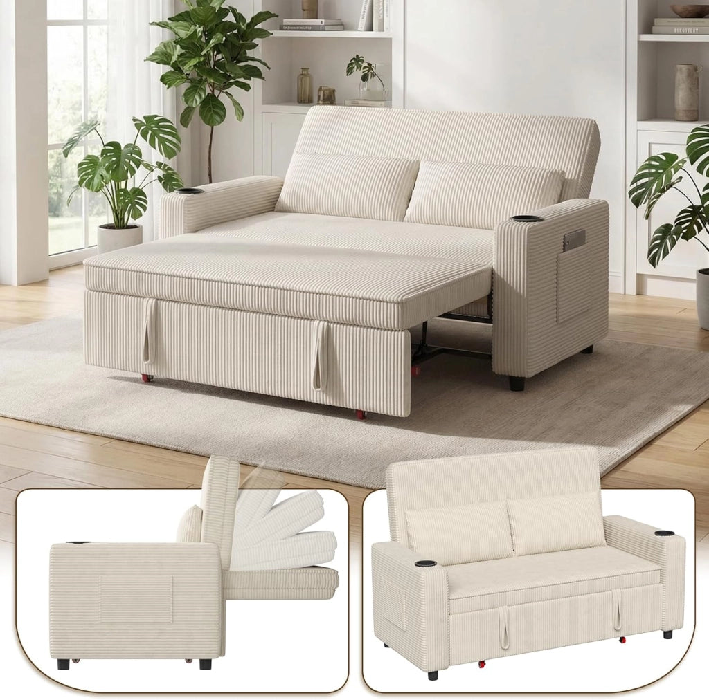 Divano Letto 2 Posti in Velluto Divano Matrimoniale Prontoletto Estraibile con Schienale Regolabile in 5 Posizioni per Soggiorno, Camera da Letto o Ufficio, 69P x 141L x 88H cm, Beige