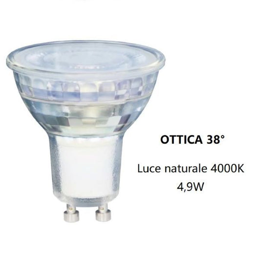 GU10 LAMPADINA FARETTO IN VETRO A LED 4,9W OTTICA38° LUCE NATURALE 4000K FAN