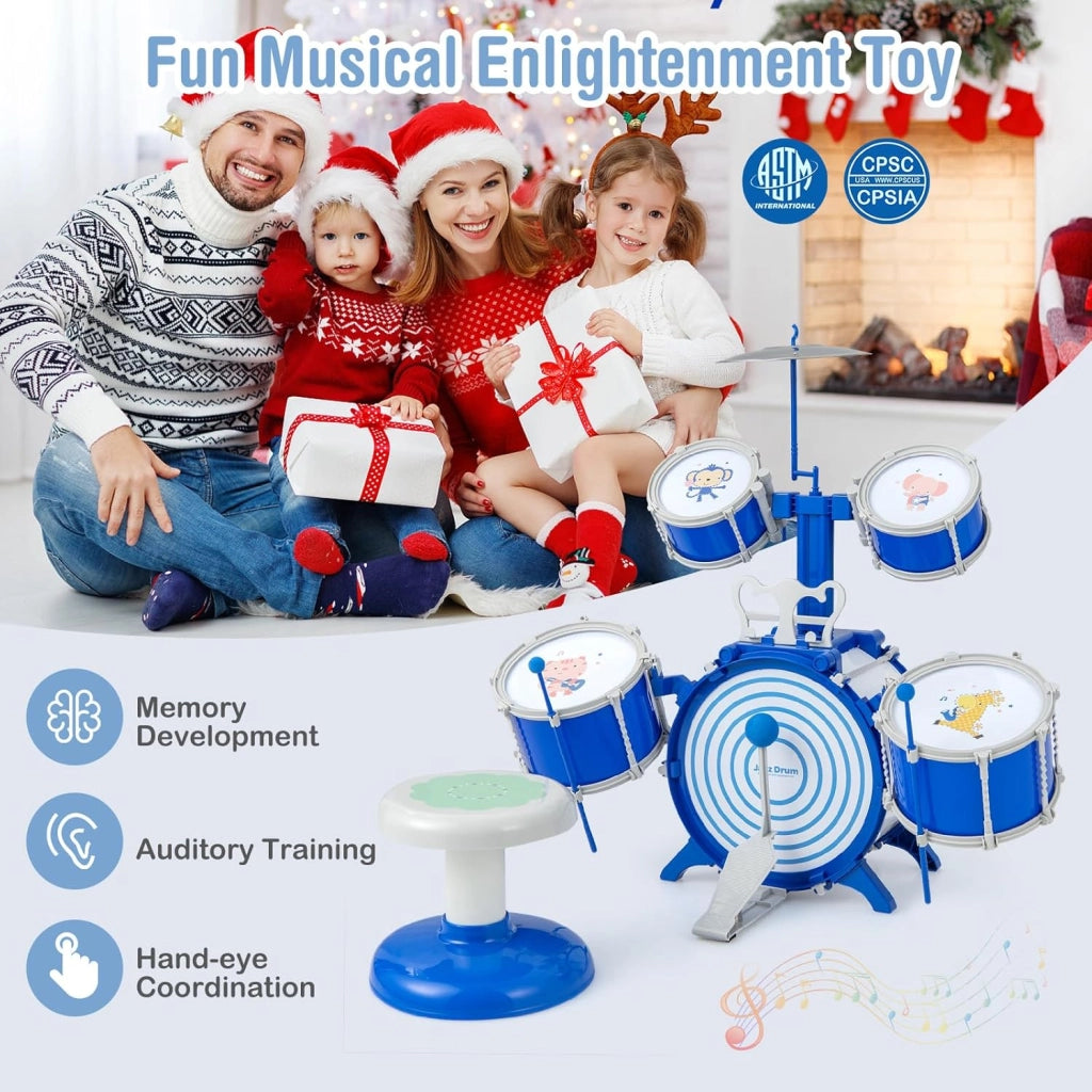 Batteria per Bambini da 3+ Anni, Set di Tamburi con Sgabello, 5 Tamburi, 2 Bacchette, Leggio e Pedaliera, Strumento Musicale per Bambini, Jazz Rock Drum Regalo per Bambini, Blu