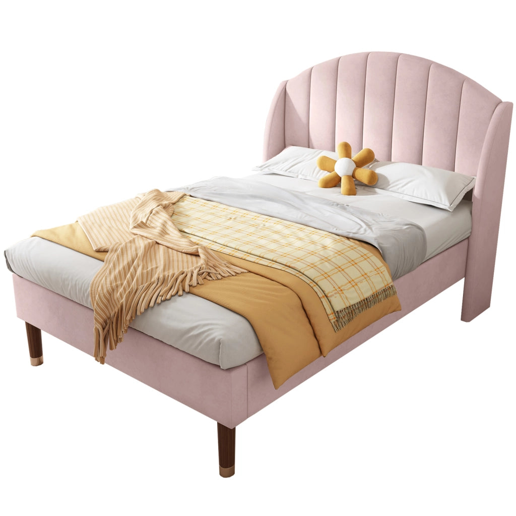 Letto singolo imbottito 90x200 cm con rete a doghe e testiera in velluto rosa